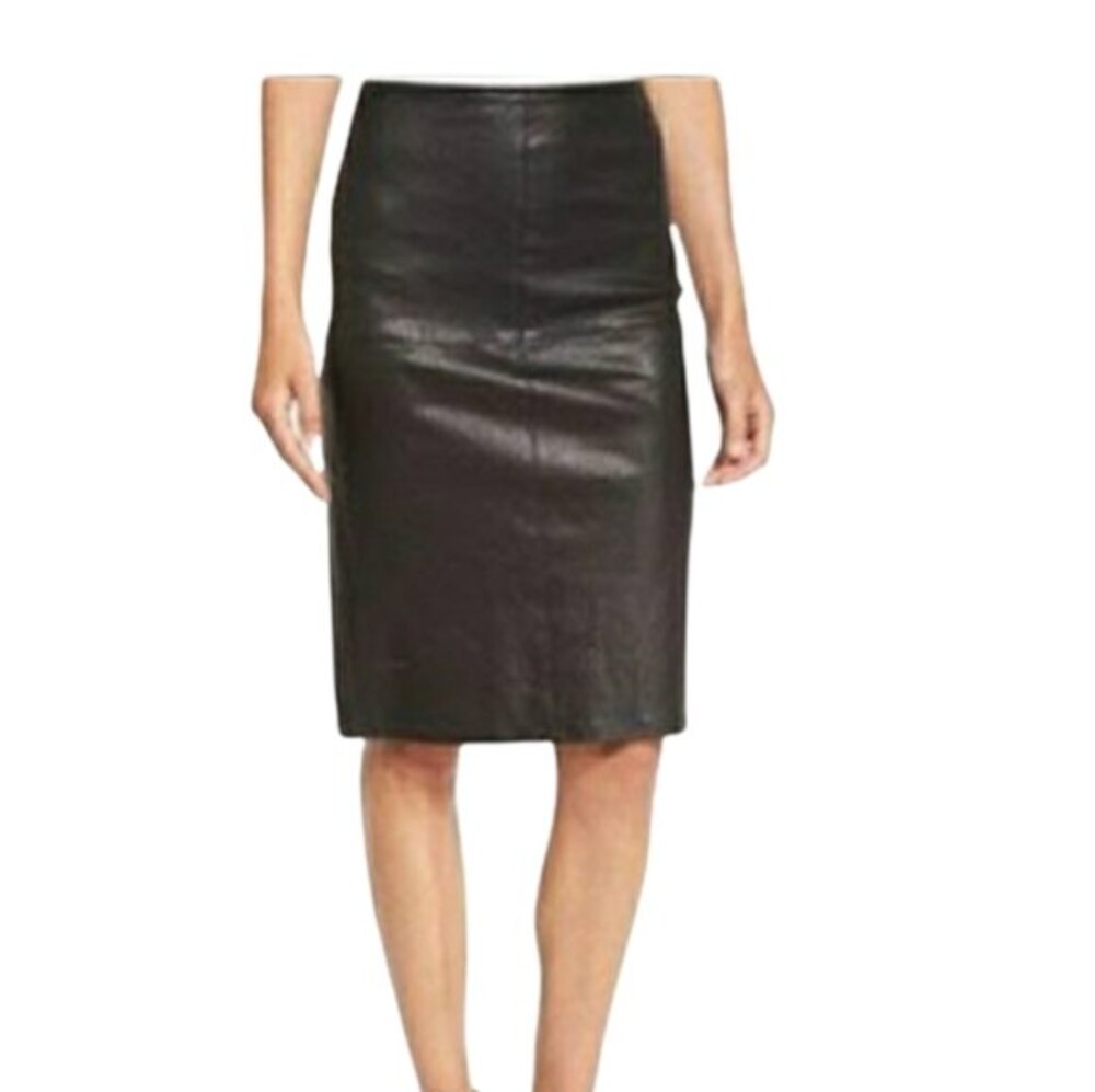 Fisher Project by Eileen Fisher Black Lambskin Leather Pencil Skirt Large Luxury